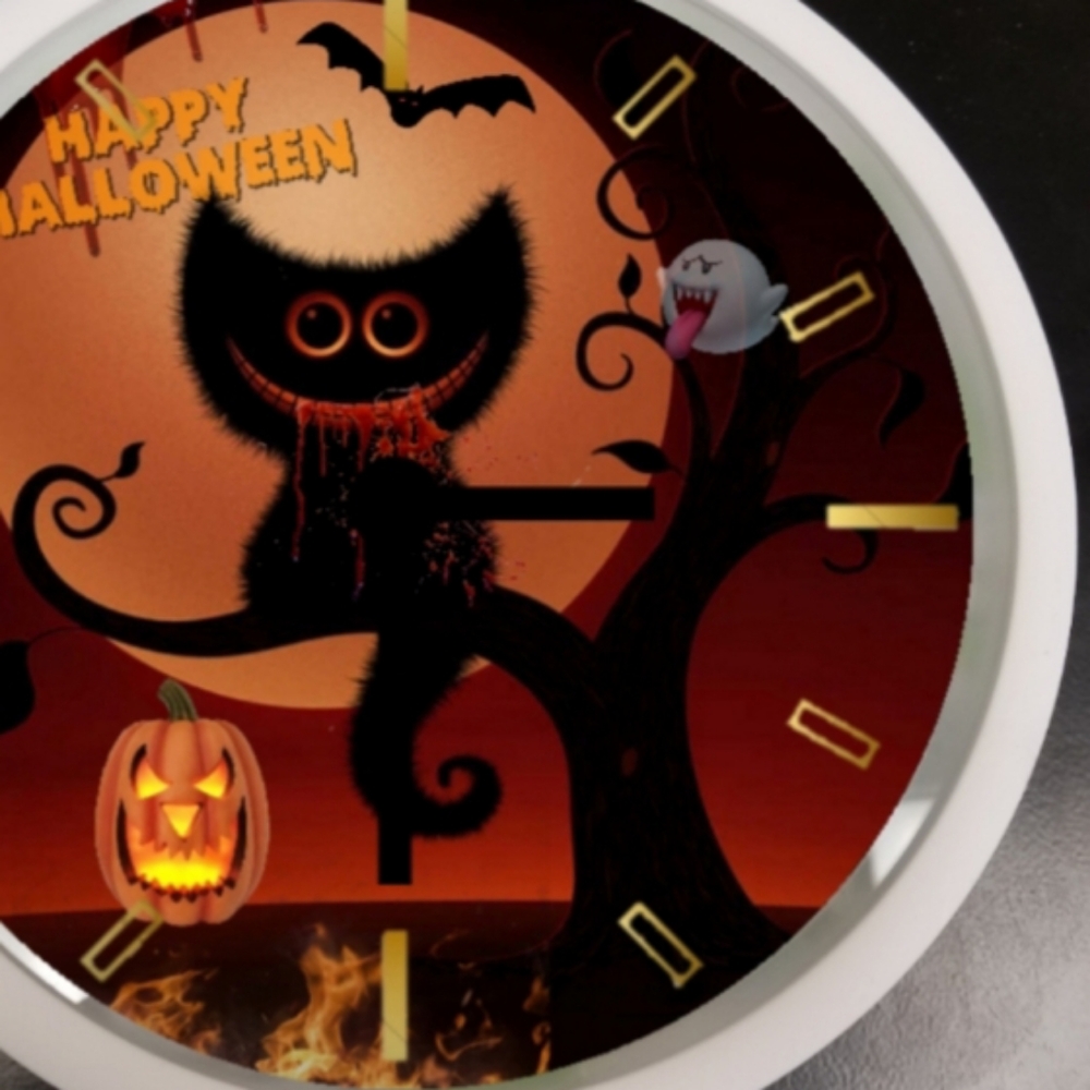 Crazy evil cat halloween home decor led clock
